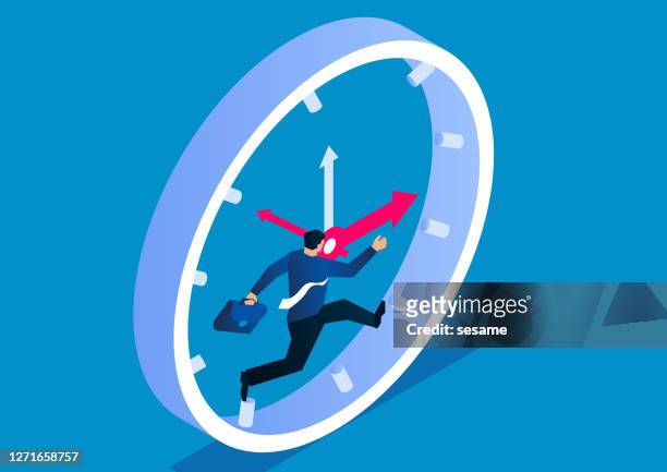 businessman running fast inside the clock, businessman fighting against time - exhaustion stock illustrations