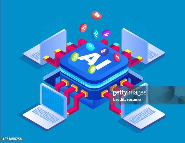 artificial intelligence analysis and management of business data - cloud computing isometric stock illustrations