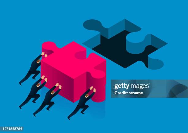 the four people in unity push a puzzle to fill the cave - integrated marketing strategy stock illustrations