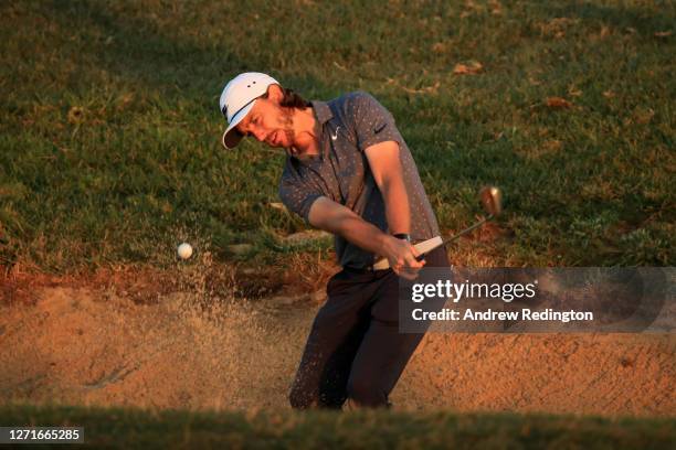 Tommy Fleetwood of England practices in the practice bunker ahead of Day One of the Portugal Masters at Dom Pedro Victoria Golf Course on September...