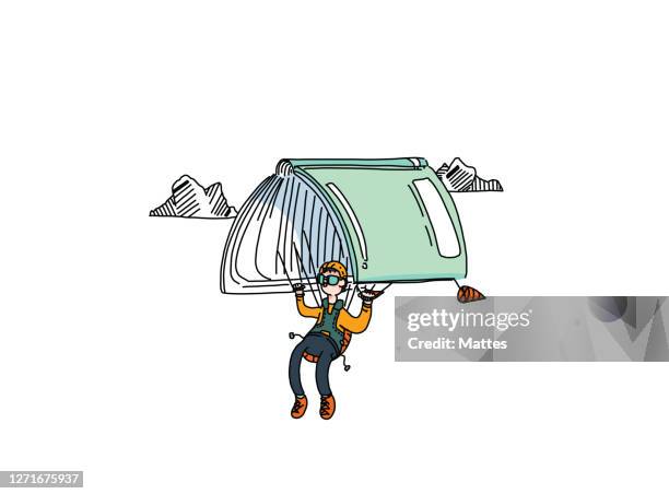 illustrations, cliparts, dessins animés et icônes de les lecteurs s’échappent dans leur livre ou leur roman tout en lisant des histoires et des contes, en s’élevant dans le ciel et en faisant du parachutisme avec leurs livres. profiter du calme d’une histoire. - formation illustration