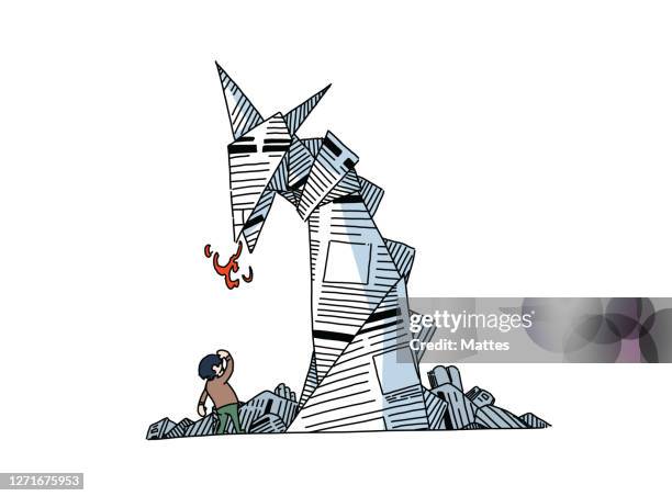 readers escaping into their book or novel while reading stories and tales, coming face to face with a mighty creature. fantasy stories and trials of growing up. - storyteller stock illustrations