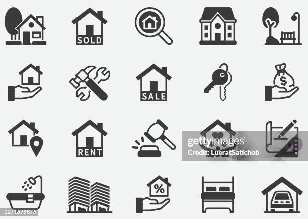 real estate icons.building, family, keys, mortgage, construction, household, moving, renovation, blueprint, garage.pixel perfect icons - home improvement icons stock illustrations