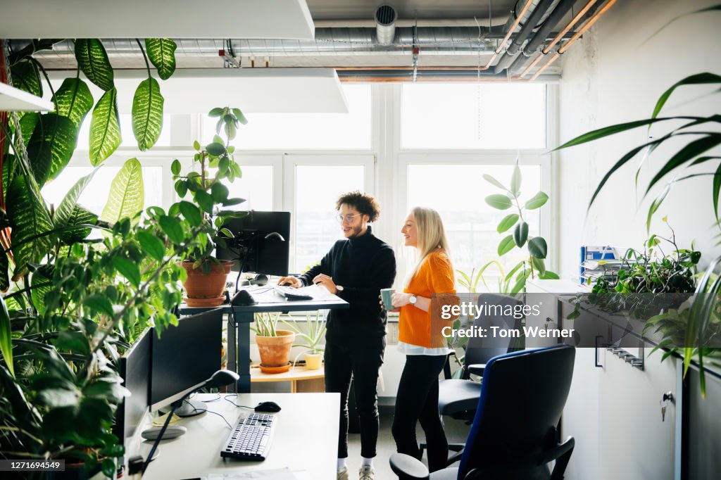 Two Colleagues Looking At Work Using Standing Desk