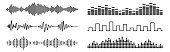 Set of black sound waves and audio scales. Abstract music wave, radio signal frequency and digital voice visualisation. Tune equalizer vector set. Monochrome volume audio lines, soundwaves rhythm isolated on white background