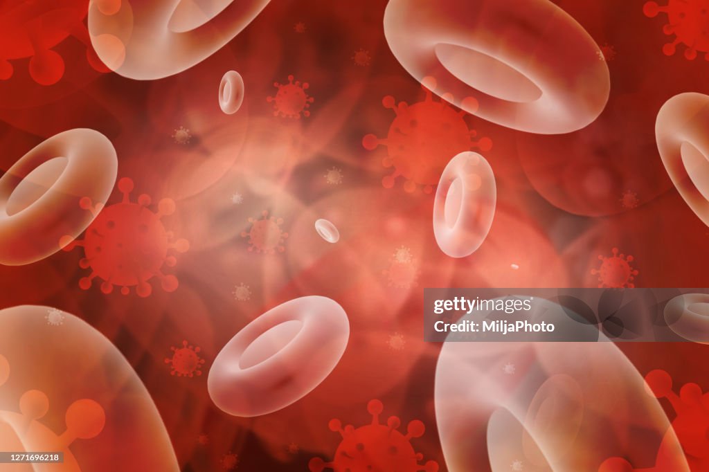 Red blood cells flowing through an artery infected with virus