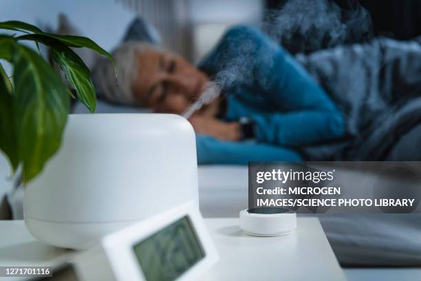 air humidifier in bedroom - woman bedroom sleeping bildbanksfoton och bilder