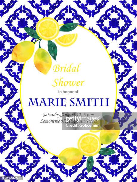 illustrazioni stock, clip art, cartoni animati e icone di tendenza di design della carta d'invito per la doccia nuziale con limoni freschi e piastrelle mediterranee blu navy. concetto di matrimonio, elemento di design. - lemons