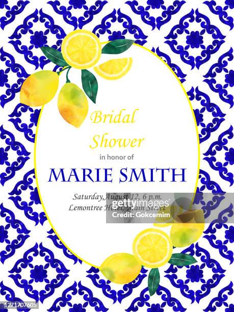 bridal shower invitation card design with fresh lemons and navy blue mediterranean tiles. wedding concept, design element. - blue backsplash stock illustrations