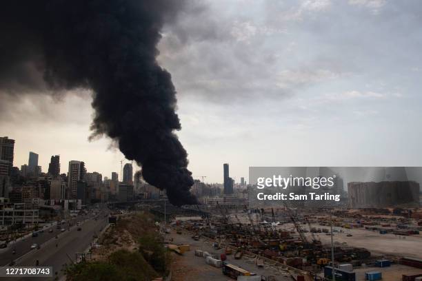 Smoke rises from a fire which has broken out at the Beirut Port on September 10, 2020 in Beirut, Lebanon. The fire broke out in a structure in the...