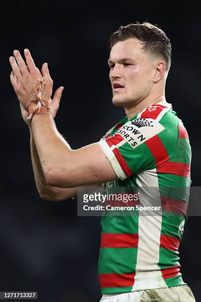 Liam Knight of the Rabbitohs thanks the crowd after winning the round 18 NRL match between the Wests Tigers and the South Sydney Rabbitohs at...