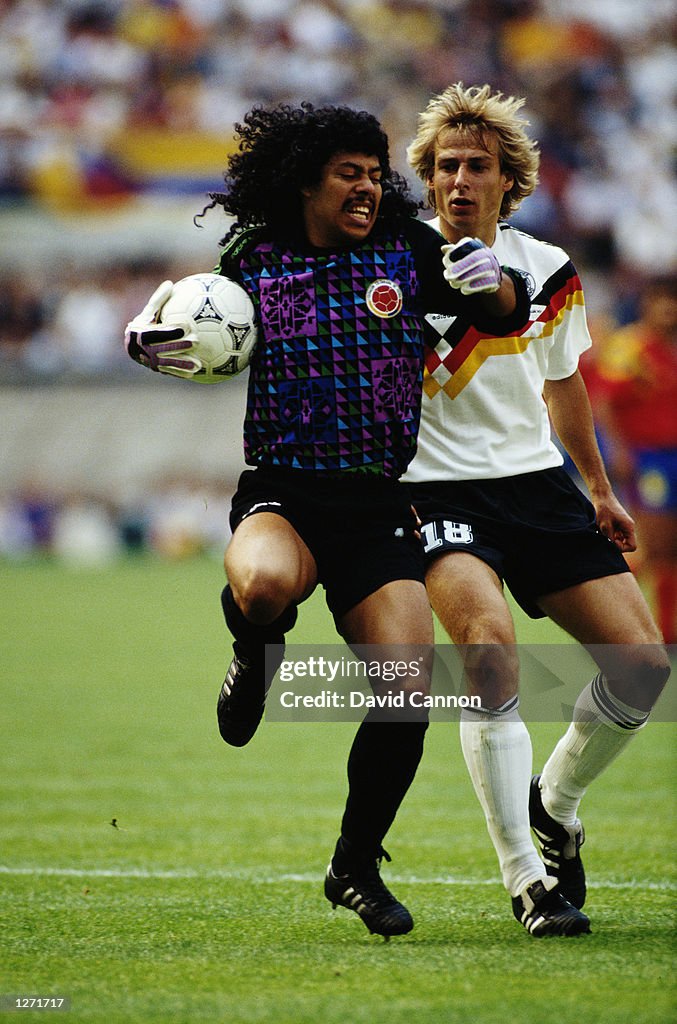 Rene Higuita of Columbia and Jurgen Klinsman of West Germany