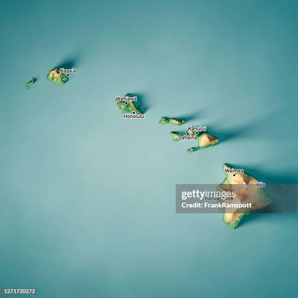 hawaii 3d render topographic map cities - honolulu map stock pictures, royalty-free photos & images