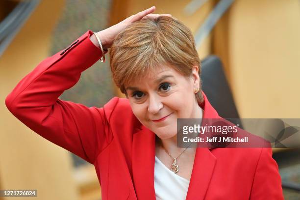 First Minister Nicola Sturgeon takes questions during First Minister's Questions at the Scottish Parliament on September 10, 2020 in Edinburgh,...