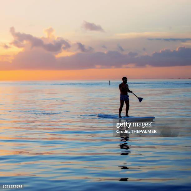 hispanic man in his late 40s paddle boarding in the florida keys - gulf coast states stock pictures, royalty-free photos & images