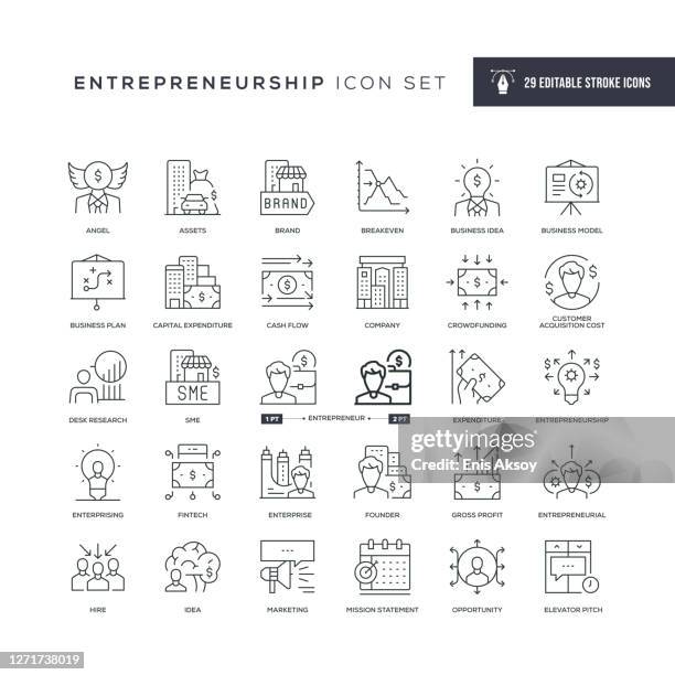 ilustraciones, imágenes clip art, dibujos animados e iconos de stock de iconos de línea de trazo editables de emprendimiento - business model strategy