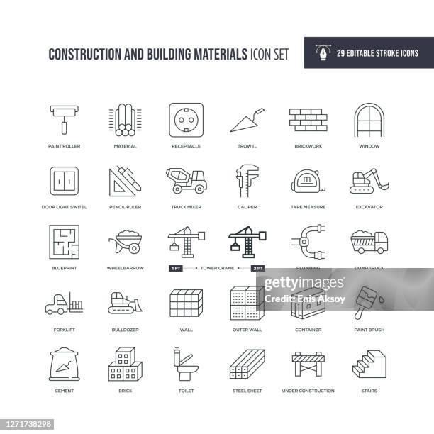 ilustrações de stock, clip art, desenhos animados e ícones de construction and building materials editable stroke line icons - régua