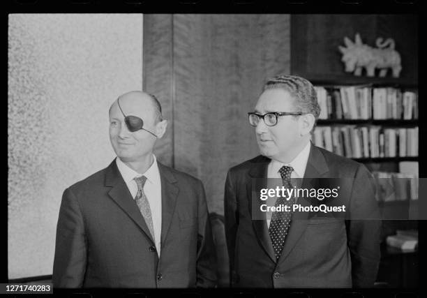 View of Israeli Defense Minister Moshe Dayan and US Secretary of State Henry Kissinger, Washington DC, January 4, 1974. The pair met to discuss...