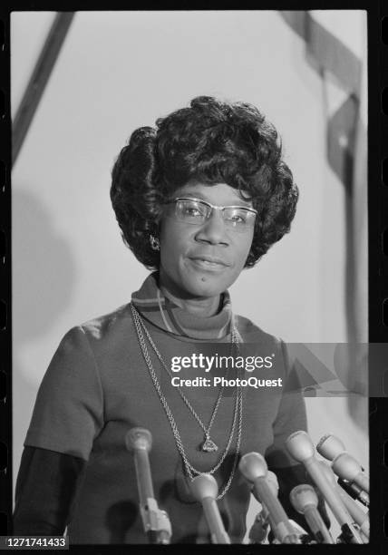 American politician US Representative Shirley Chisholm speaks at a Congressional Black Caucus event related to the State of the Union address,...