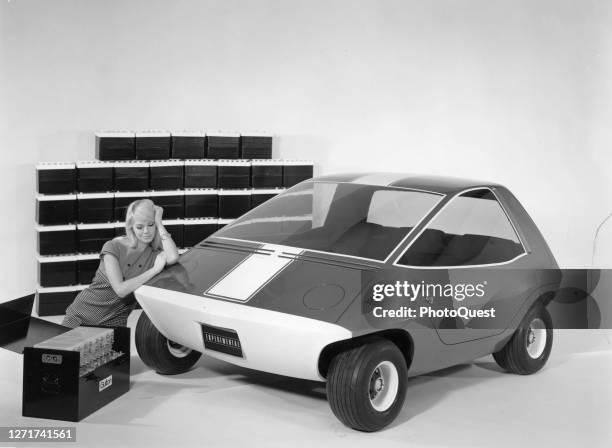 Publicity photo of American Motors Corporation and Gulton Industries prototype electronic car, the Amitron, Detroit, Michigan, 1968. The three-set...