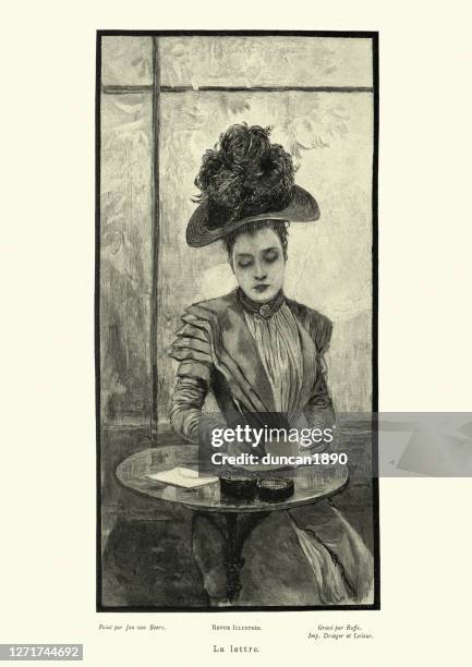 beautiful young woman writing a letter, victorian 1890s, 19th century - victorian woman stock illustrations