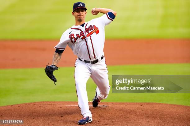 Tommy Milone of the Atlanta Braves pitches during a game against the Miami Marlins at Truist Park on September 9, 2020 in Atlanta, Georgia.