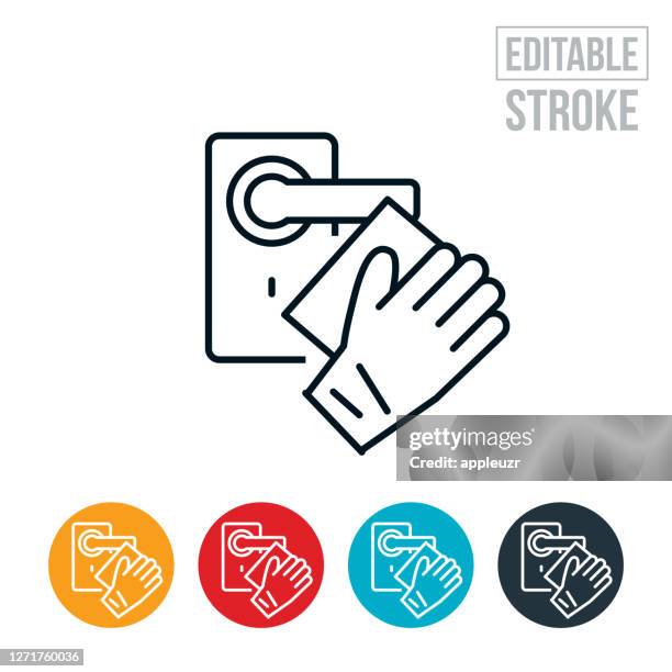 gloved hand disinfecting door handle thin line icon - editable stroke - doorknob stock illustrations
