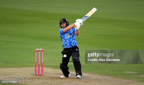 Luke Wright of Sussex hits runs during the Vitality Blast match between Hampshire and Sussex Sharks at The Ageas Bowl on September 10, 2020 in...