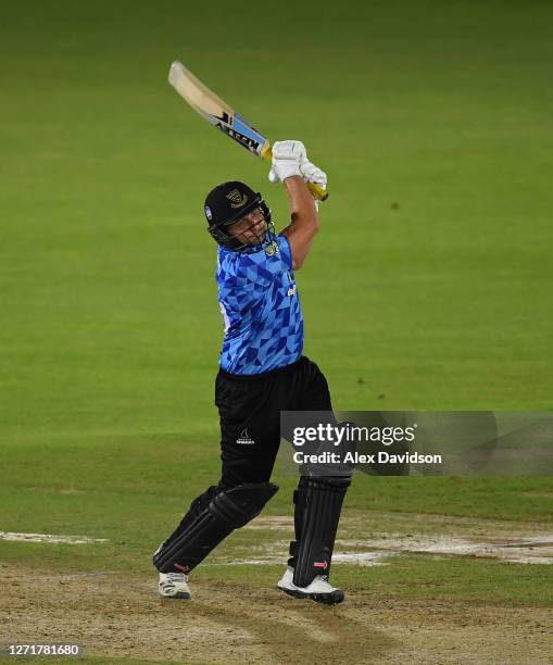 Luke Wright of Sussex hits out during the Vitality Blast match between Hampshire and Sussex Sharks at The Ageas Bowl on September 10, 2020 in...