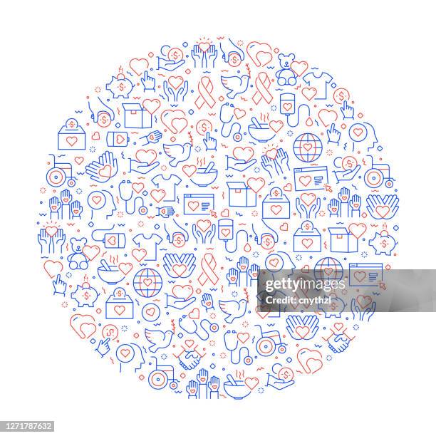 charity and donation related pattern with icons. modern line style vector illustration - community involvement icon stock illustrations