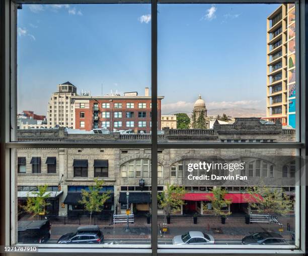 boise downtown from a window - window frame exterior stock pictures, royalty-free photos & images