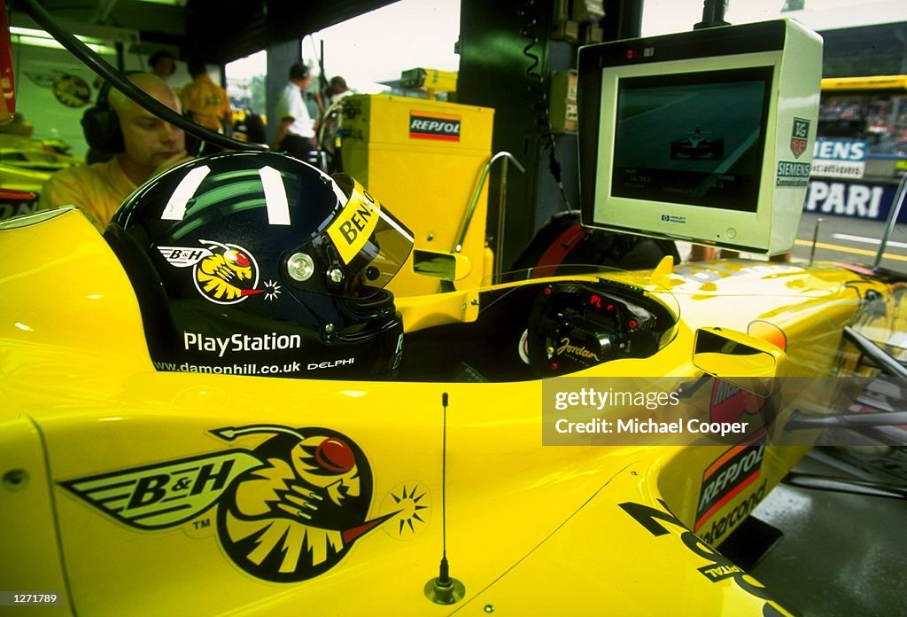 Damon Hill of the Jordan-Mugen/Honda team watches the screen