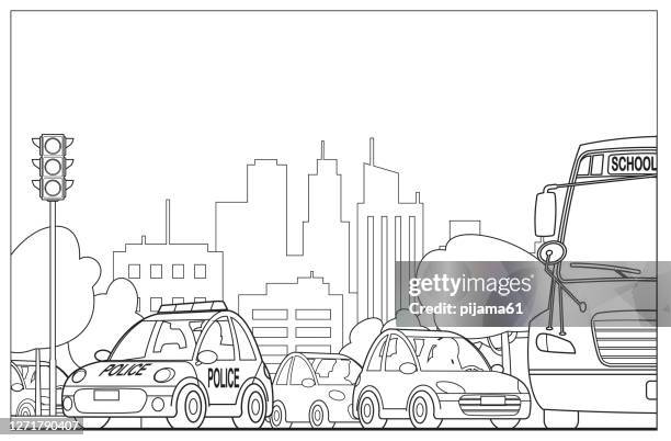 black and white, big citytraffic - white mini bus stock illustrations