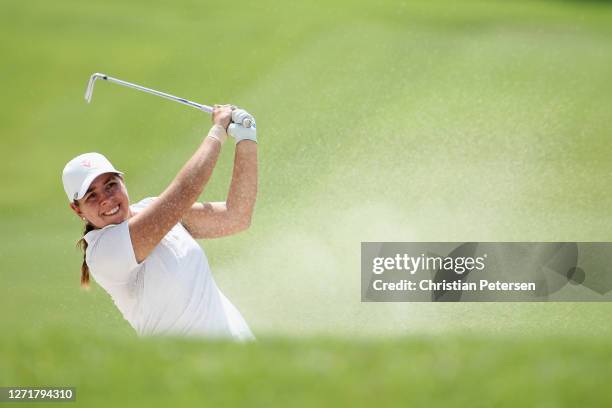 Kristen Gillman of the United States plays from the bunker on the 18th hole during the first round of the ANA Inspiration on the Dinah Shore course...