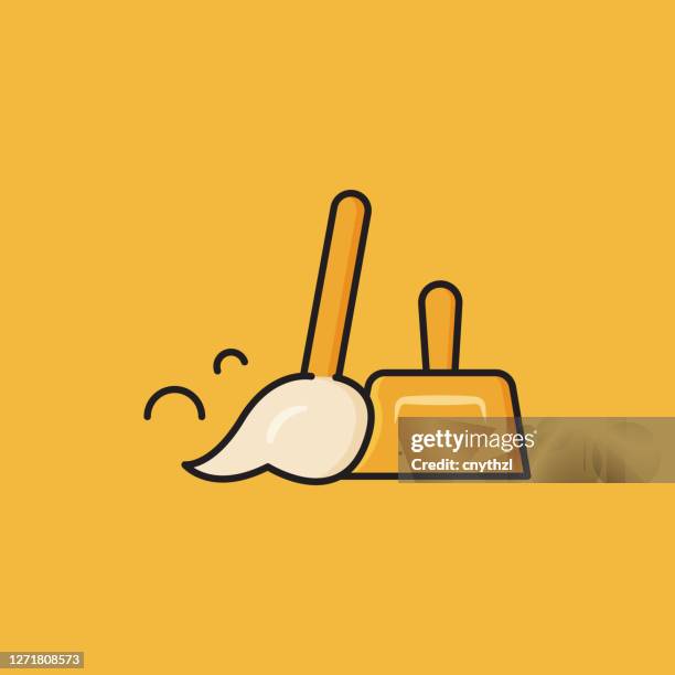 stockillustraties, clipart, cartoons en iconen met flat line design style bezem en dustpan pictogram, overzicht symbool vector illustratie - dustpan and brush