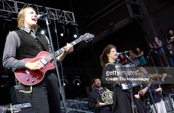 Win Butler and Regine Chassagne of Arcade Fire perform during KROQ's Inland Invasion 5 at Hyundai Pavilion on September 17, 2005 in Glen Helen,...