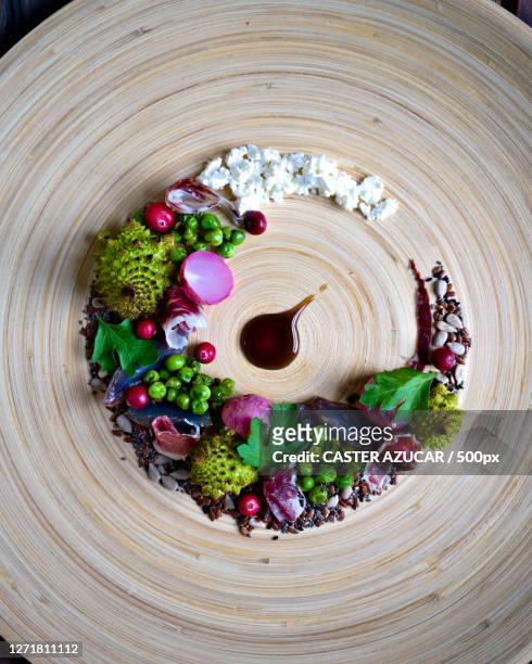 high angle view of food in plate on table, london, united kingdom - azucar stock pictures, royalty-free photos & images