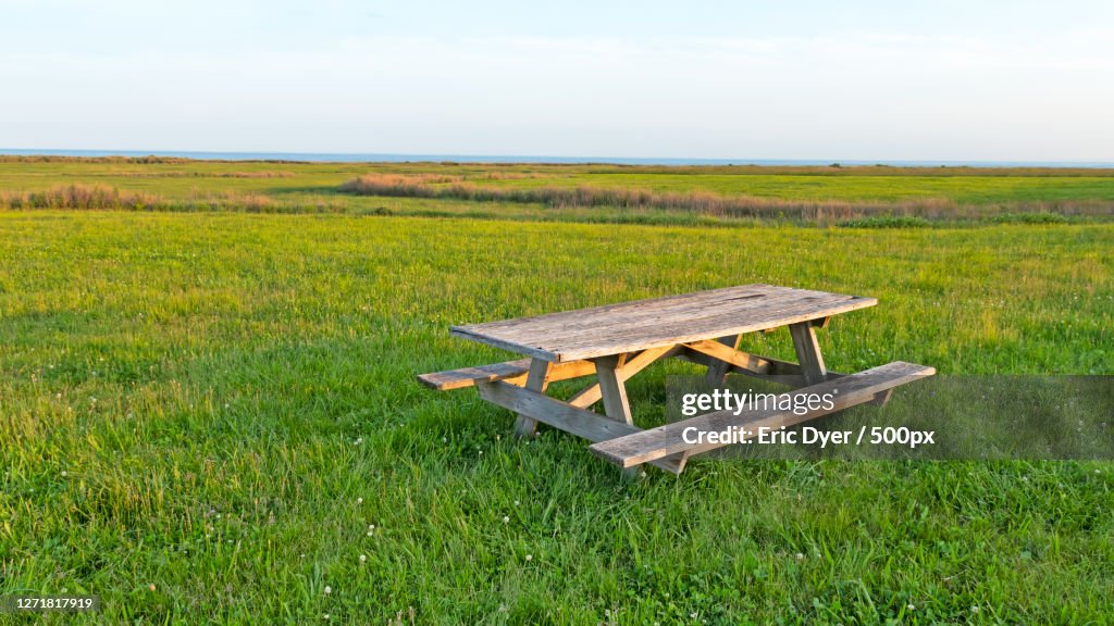 High Angle View Of Empty Bench On Field Against Sky, City Of Milford Balance, United States