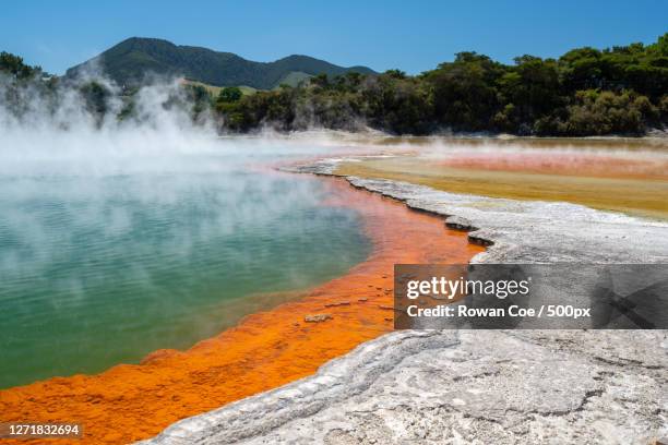 scenic view of hot spring against blue sky, rotorua, new zealand - rotorua stockfoto's en -beelden