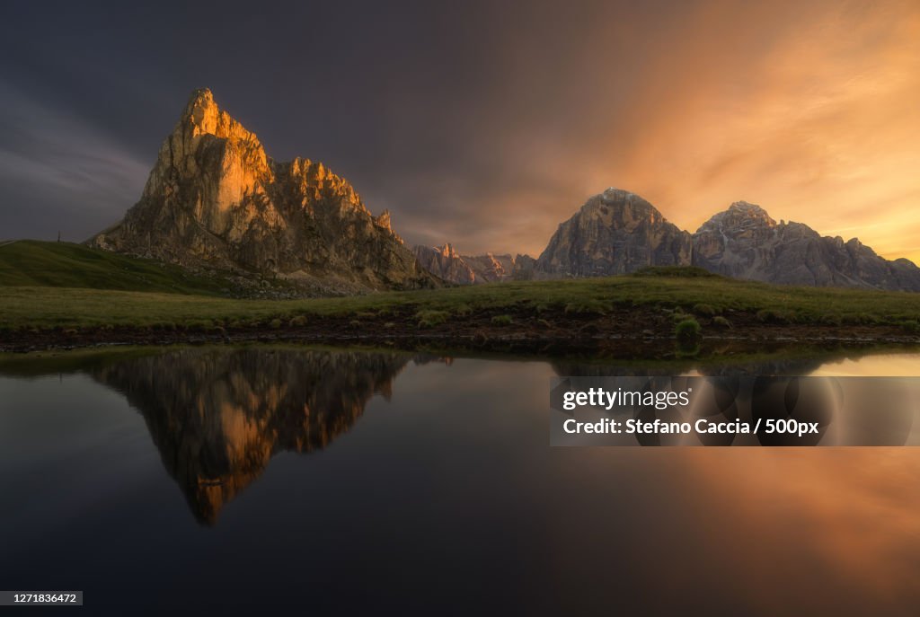 Scenic View Of Lake And Mountains Against Sky During Sunset, Selva Di Cadore, Italy
