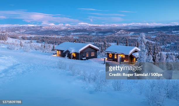 scenic view of snow covered field against sky, heggenes, norway - cabin norway stock pictures, royalty-free photos & images