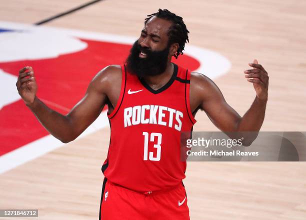 James Harden of the Houston Rockets reacts during the third quarter against the Los Angeles Lakers in Game Four of the Western Conference Second...
