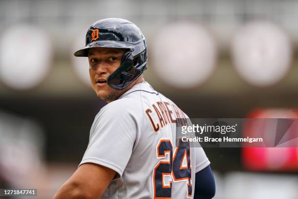 Miguel Cabrera of the Detroit Tigers looks on against the Minnesota Twins on September 6, 2020 at Target Field in Minneapolis, Minnesota.