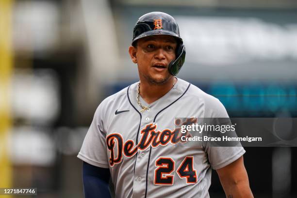 Miguel Cabrera of the Detroit Tigers looks on against the Minnesota Twins on September 6, 2020 at Target Field in Minneapolis, Minnesota.