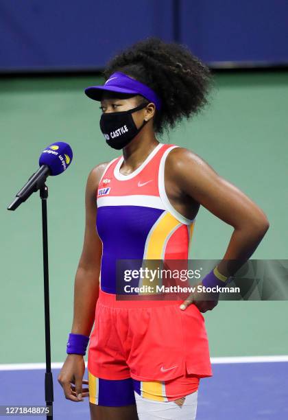 Naomi Osaka of Japan speaks after winning her Women's Singles semifinal match against Jennifer Brady of the United States on Day Eleven of the 2020...