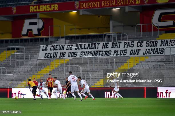 General view of empty seats during the Ligue 1 match between RC Lens and Paris Saint-Germain at Stade Felix Bollaert-Delelis on September 10, 2020 in...
