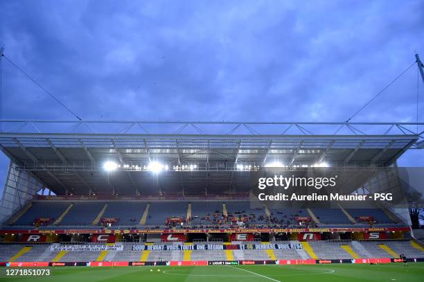General view of empty seats during the Ligue 1 match between RC Lens and Paris Saint-Germain at Stade Felix Bollaert-Delelis on September 10, 2020 in...