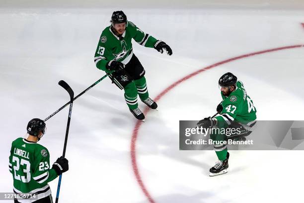 Alexander Radulov of the Dallas Stars celebrates after scoring the game-winning goal past against the Vegas Golden Knights during the first overtime...