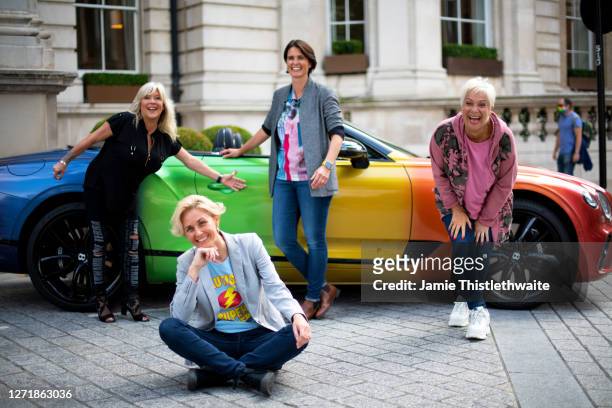 Samantha Fox, Denise Welch, Heather Peace and Samantha Grierson pose with the rainbow Bentley during the "Henpire" podcast launch event at Langham...