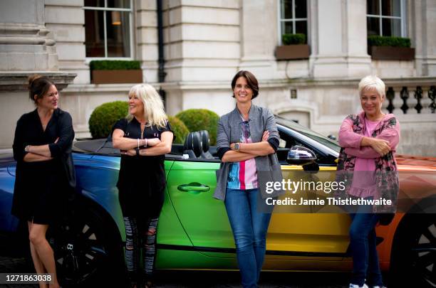 Denise Welch, Samantha Fox, Heather Peace and Patricia Potter pose with the rainbow Bentley during the "Henpire" podcast launch event at Langham...